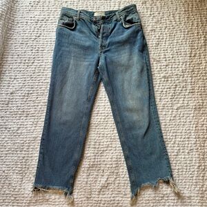 Free People Mid-Rise Straight Jeans Raw Hem Boho Distressed Cropped Size 28